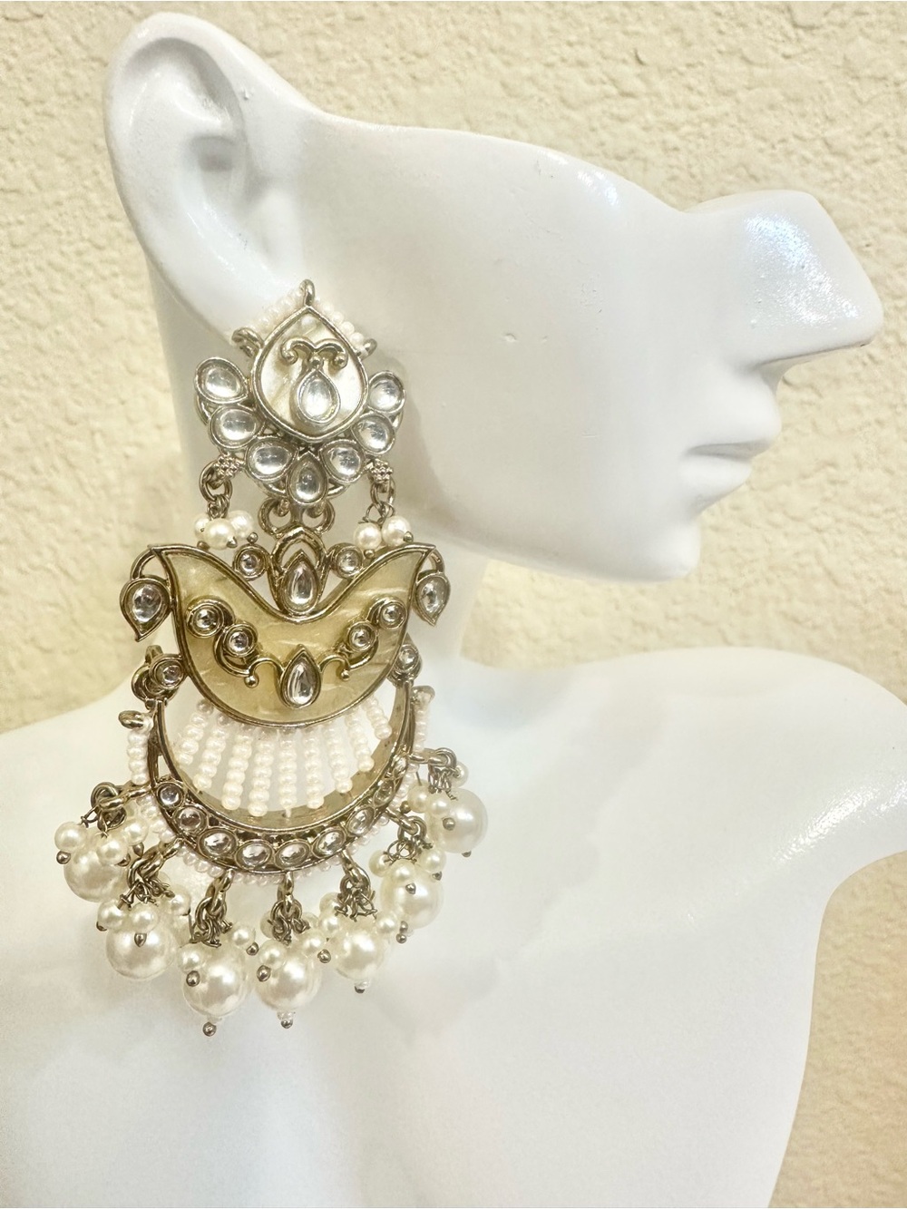 Ornate Gold Plated White Pearl Chandbali Earrings